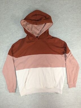 AE Outfitters Tri-Panel Hooded Sweatshirt ColorBlock Rust, Dusty Rose, Cream XS